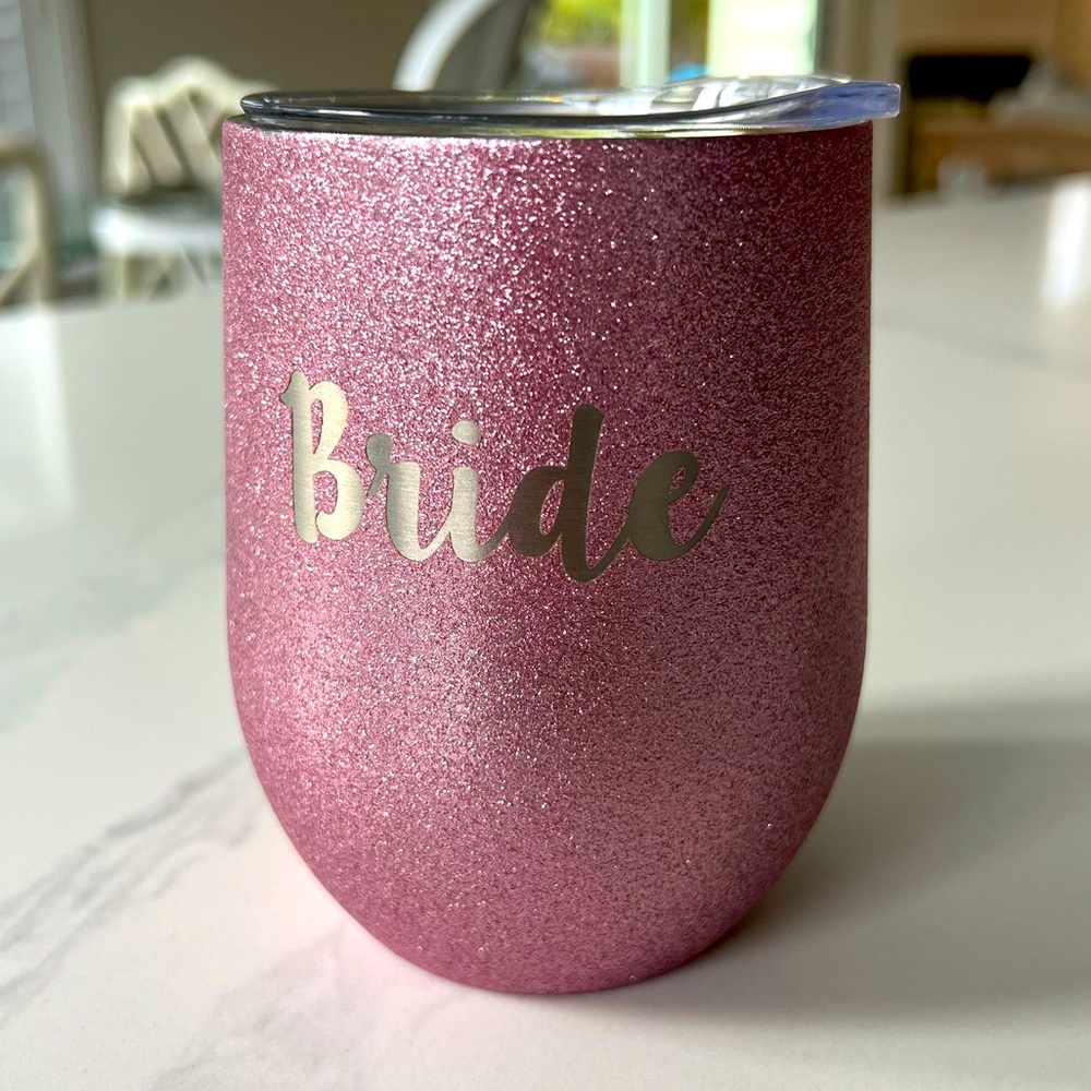 Swig “Bride” wine tumbler in pink glitter